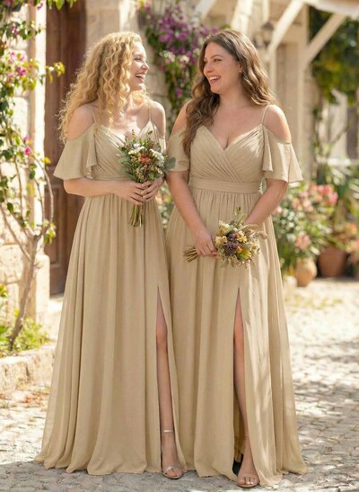 Floor-Length A-Line V-Neck Sleeveless Chiffon Bridesmaid Dress With Split Front And Sash