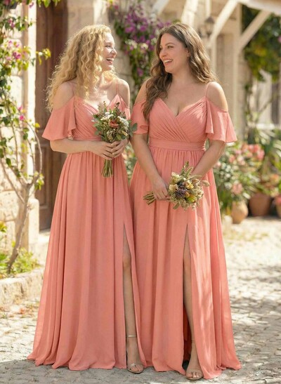 Floor-Length A-Line V-Neck Sleeveless Chiffon Bridesmaid Dress With Split Front And Sash