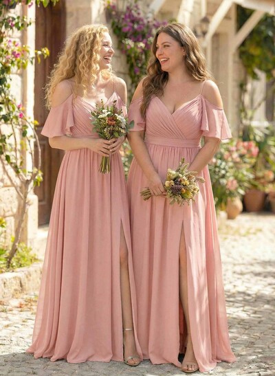 Floor-Length A-Line V-Neck Sleeveless Chiffon Bridesmaid Dress With Split Front And Sash