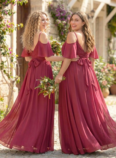Floor-Length A-Line V-Neck Sleeveless Chiffon Bridesmaid Dress With Split Front And Sash