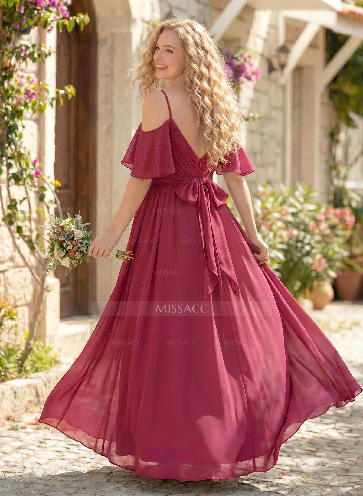 Floor-Length A-Line V-Neck Sleeveless Chiffon Bridesmaid Dress With Split Front And Sash