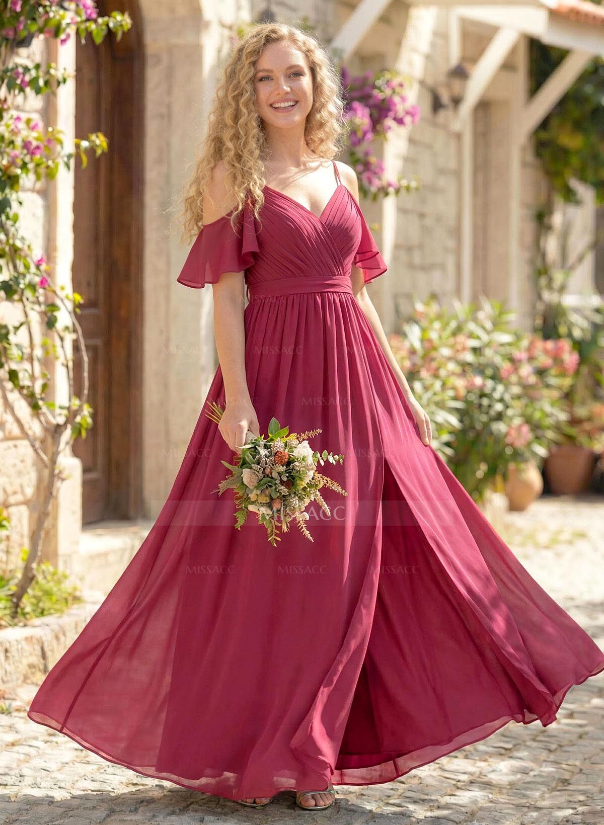 Floor-Length A-Line V-Neck Sleeveless Chiffon Bridesmaid Dress With Split Front And Sash