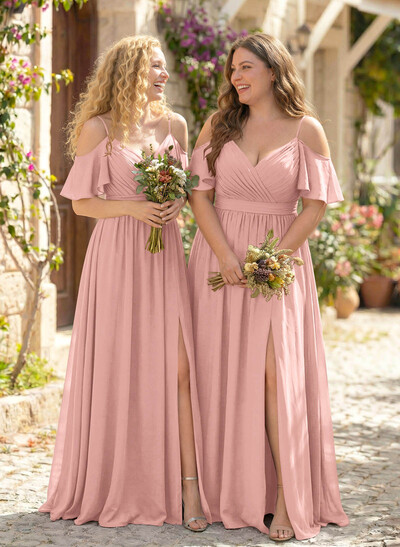 Floor-Length A-Line V-Neck Sleeveless Chiffon Bridesmaid Dress With Split Front And Sash