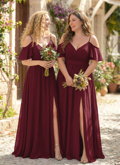 Floor-Length A-Line V-Neck Sleeveless Chiffon Bridesmaid Dress With Split Front And Sash