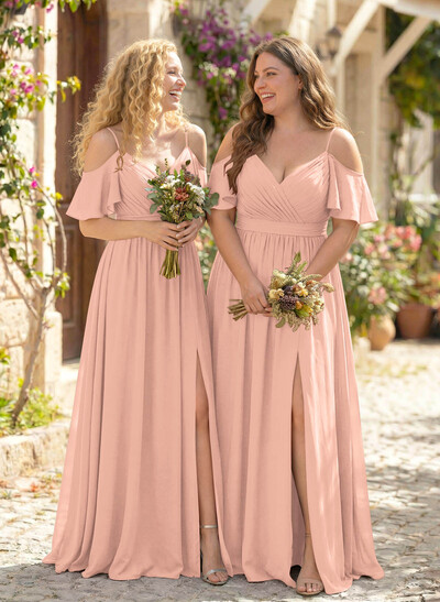 Floor-Length A-Line V-Neck Sleeveless Chiffon Bridesmaid Dress With Split Front And Sash