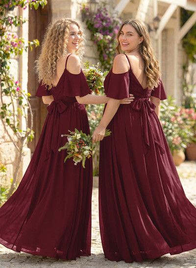 Floor-Length A-Line V-Neck Sleeveless Chiffon Bridesmaid Dress With Split Front And Sash
