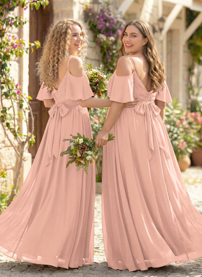 Floor-Length A-Line V-Neck Sleeveless Chiffon Bridesmaid Dress With Split Front And Sash