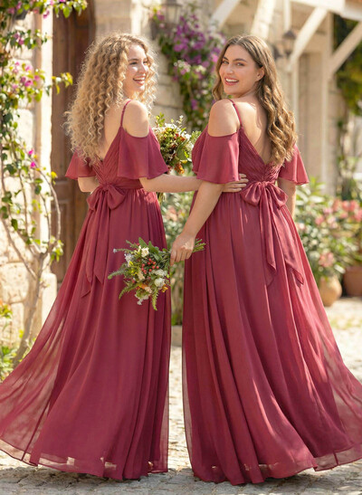 Floor-Length A-Line V-Neck Sleeveless Chiffon Bridesmaid Dress With Split Front And Sash