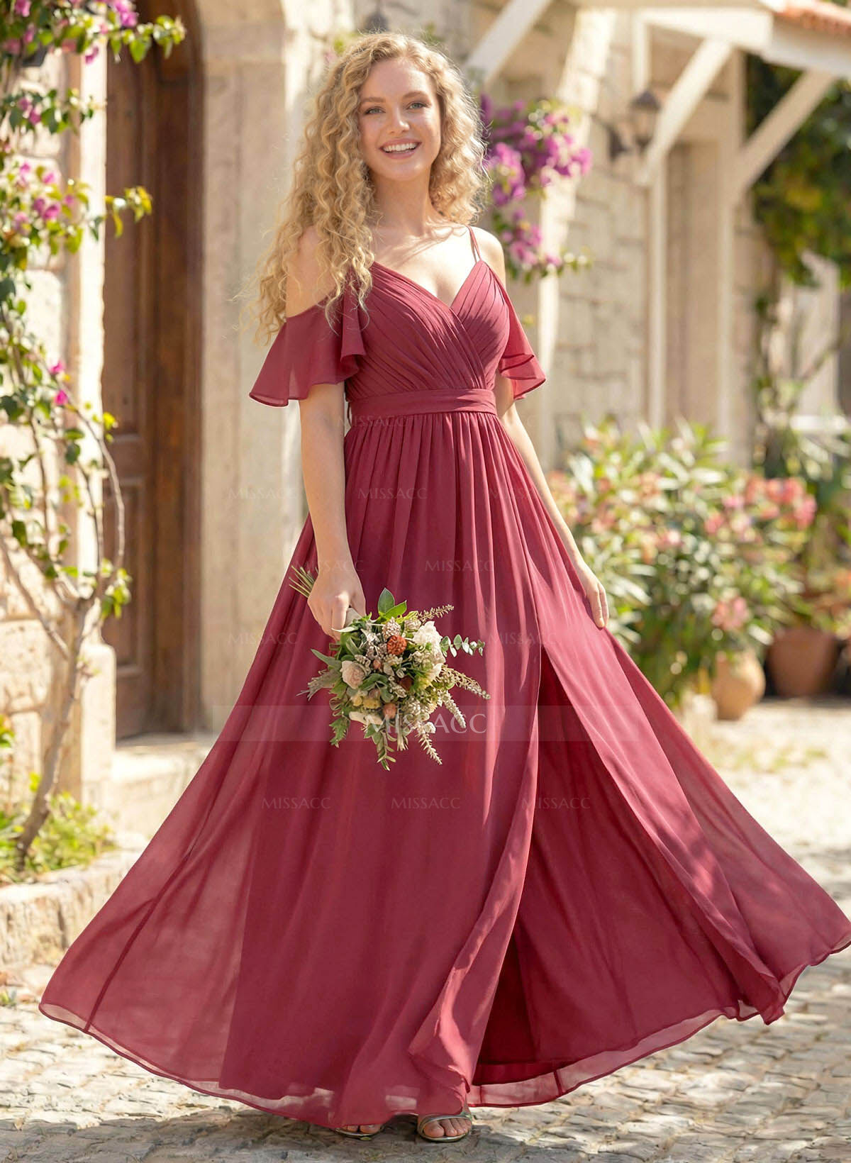 Floor-Length A-Line V-Neck Sleeveless Chiffon Bridesmaid Dress With Split Front And Sash
