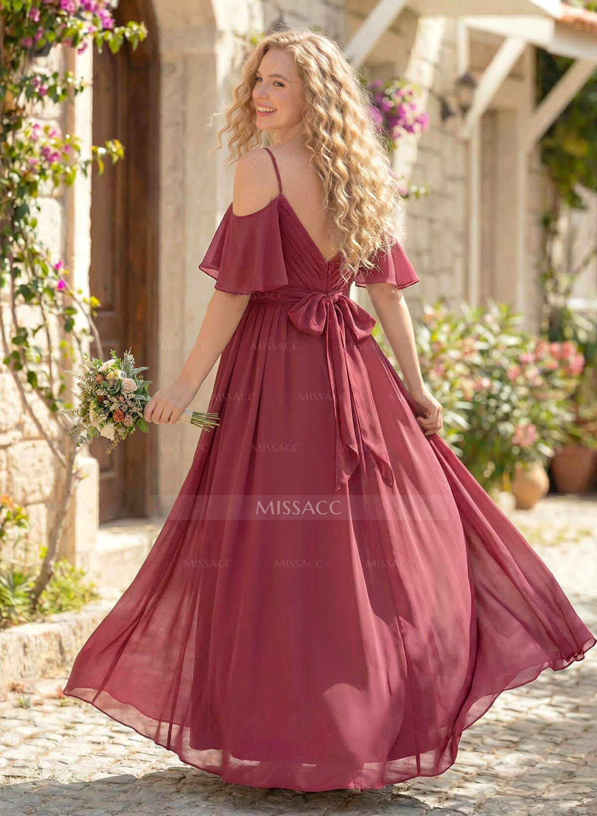 Floor-Length A-Line V-Neck Sleeveless Chiffon Bridesmaid Dress With Split Front And Sash