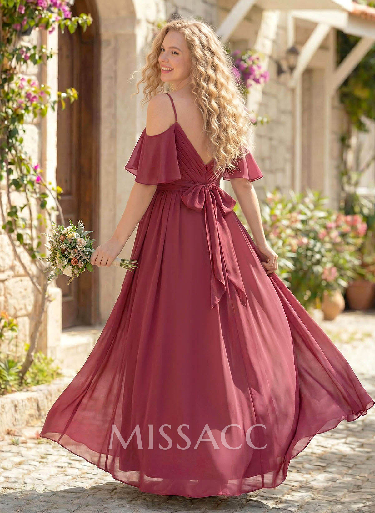 Floor-Length A-Line V-Neck Sleeveless Chiffon Bridesmaid Dress With Split Front And Sash Floor-Length A-Line V-Neck Sleeveless Chiffon Bridesmaid Dress With Split Front And Sash