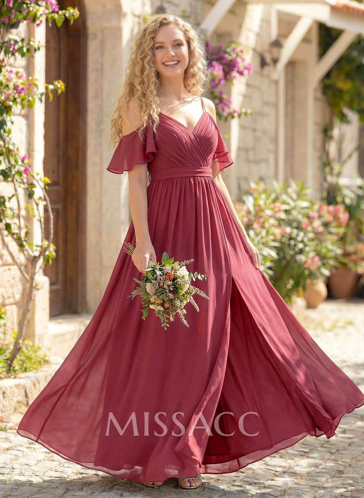 Floor-Length A-Line V-Neck Sleeveless Chiffon Bridesmaid Dress With Split Front And Sash Floor-Length A-Line V-Neck Sleeveless Chiffon Bridesmaid Dress With Split Front And Sash