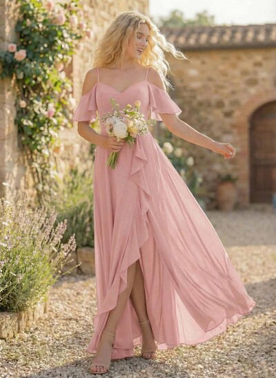 A-Line Sweetheart Short Sleeves Floor-Length Chiffon Bridesmaid Dresses With High Split