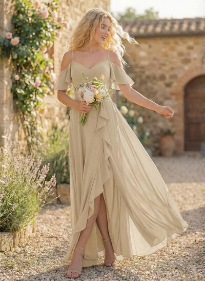 A-Line Sweetheart Short Sleeves Floor-Length Chiffon Bridesmaid Dresses With High Split