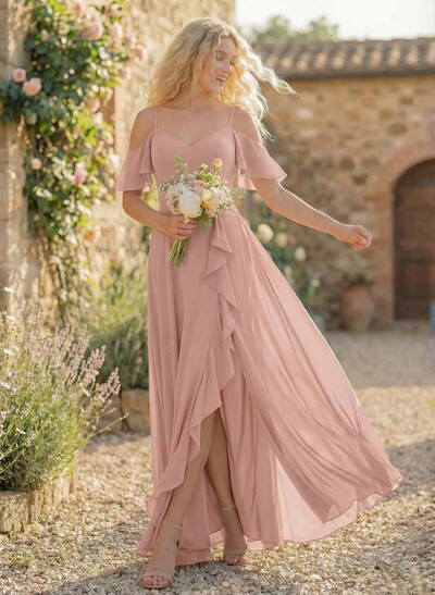 A-Line Sweetheart Short Sleeves Floor-Length Chiffon Bridesmaid Dresses With High Split