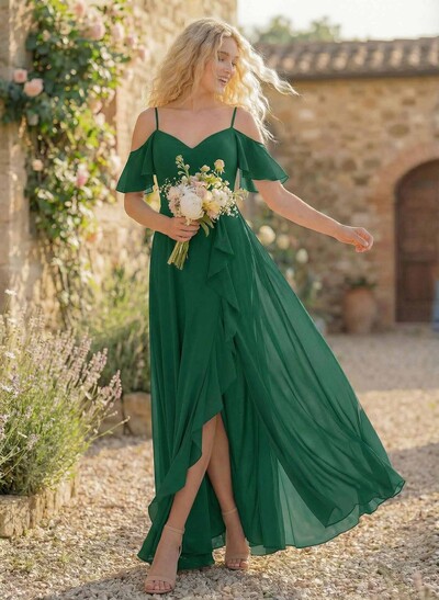 A-Line Sweetheart Short Sleeves Floor-Length Chiffon Bridesmaid Dresses With High Split