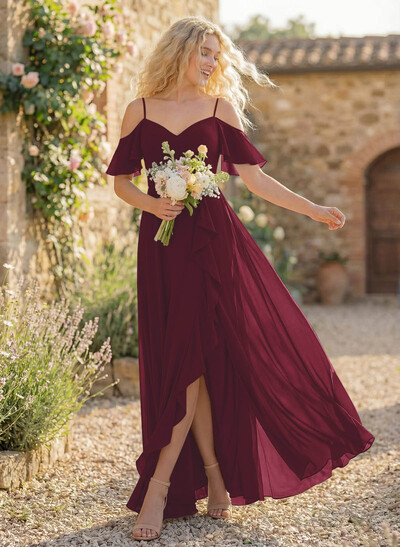 A-Line Sweetheart Short Sleeves Floor-Length Chiffon Bridesmaid Dresses With High Split