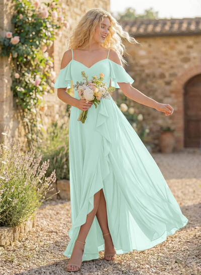 A-Line Sweetheart Short Sleeves Floor-Length Chiffon Bridesmaid Dresses With High Split