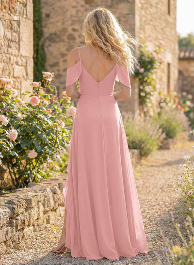 A-Line Sweetheart Short Sleeves Floor-Length Chiffon Bridesmaid Dresses With High Split