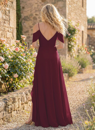 A-Line Sweetheart Short Sleeves Floor-Length Chiffon Bridesmaid Dresses With High Split