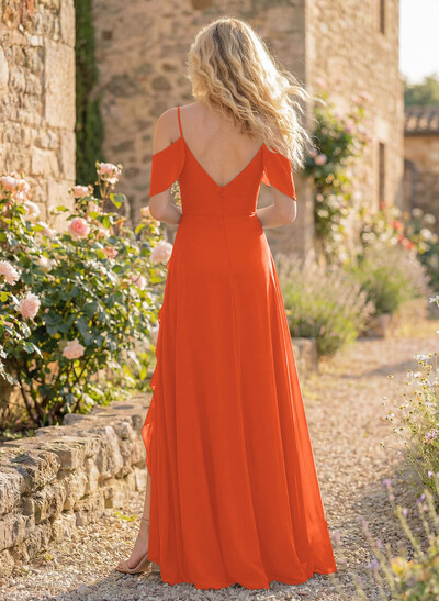 A-Line Sweetheart Short Sleeves Floor-Length Chiffon Bridesmaid Dresses With High Split