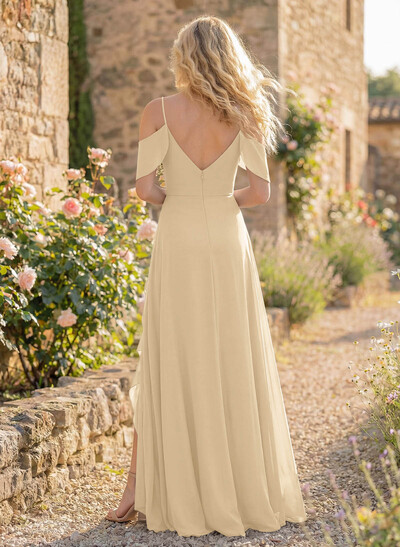A-Line Sweetheart Short Sleeves Floor-Length Chiffon Bridesmaid Dresses With High Split