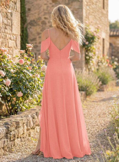 A-Line Sweetheart Short Sleeves Floor-Length Chiffon Bridesmaid Dresses With High Split