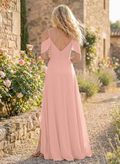 A-Line Sweetheart Short Sleeves Floor-Length Chiffon Bridesmaid Dresses With High Split