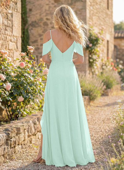 A-Line Sweetheart Short Sleeves Floor-Length Chiffon Bridesmaid Dresses With High Split
