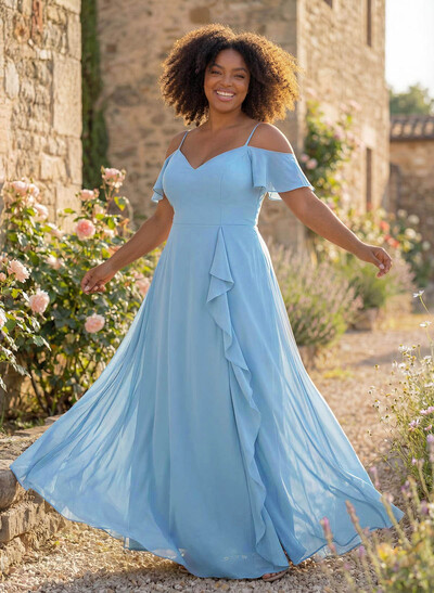 A-Line Sweetheart Short Sleeves Floor-Length Chiffon Bridesmaid Dresses With High Split