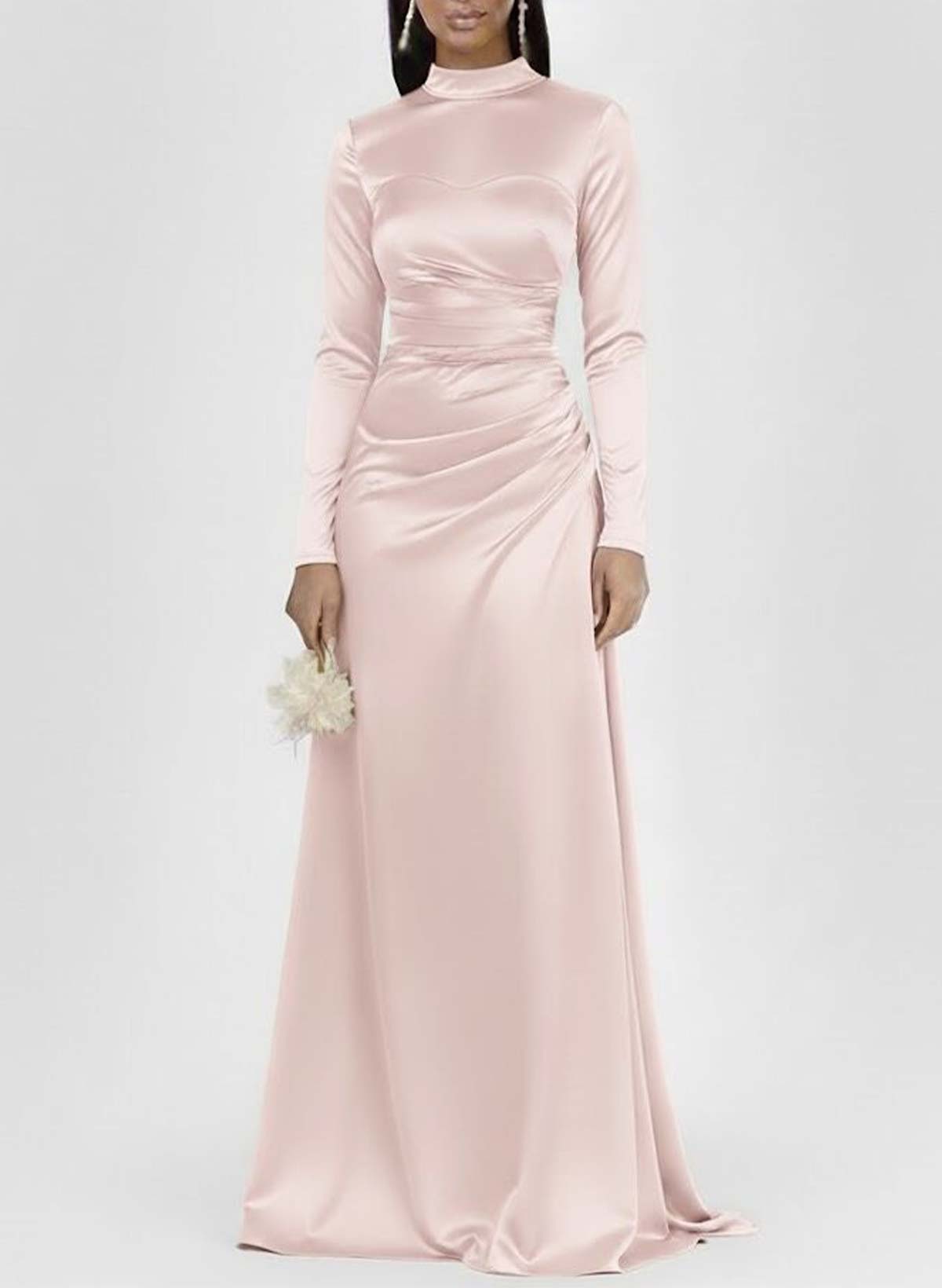 A-Line High Neck Long Sleeves Floor-Length Charmeuse Bridesmaid Dresses