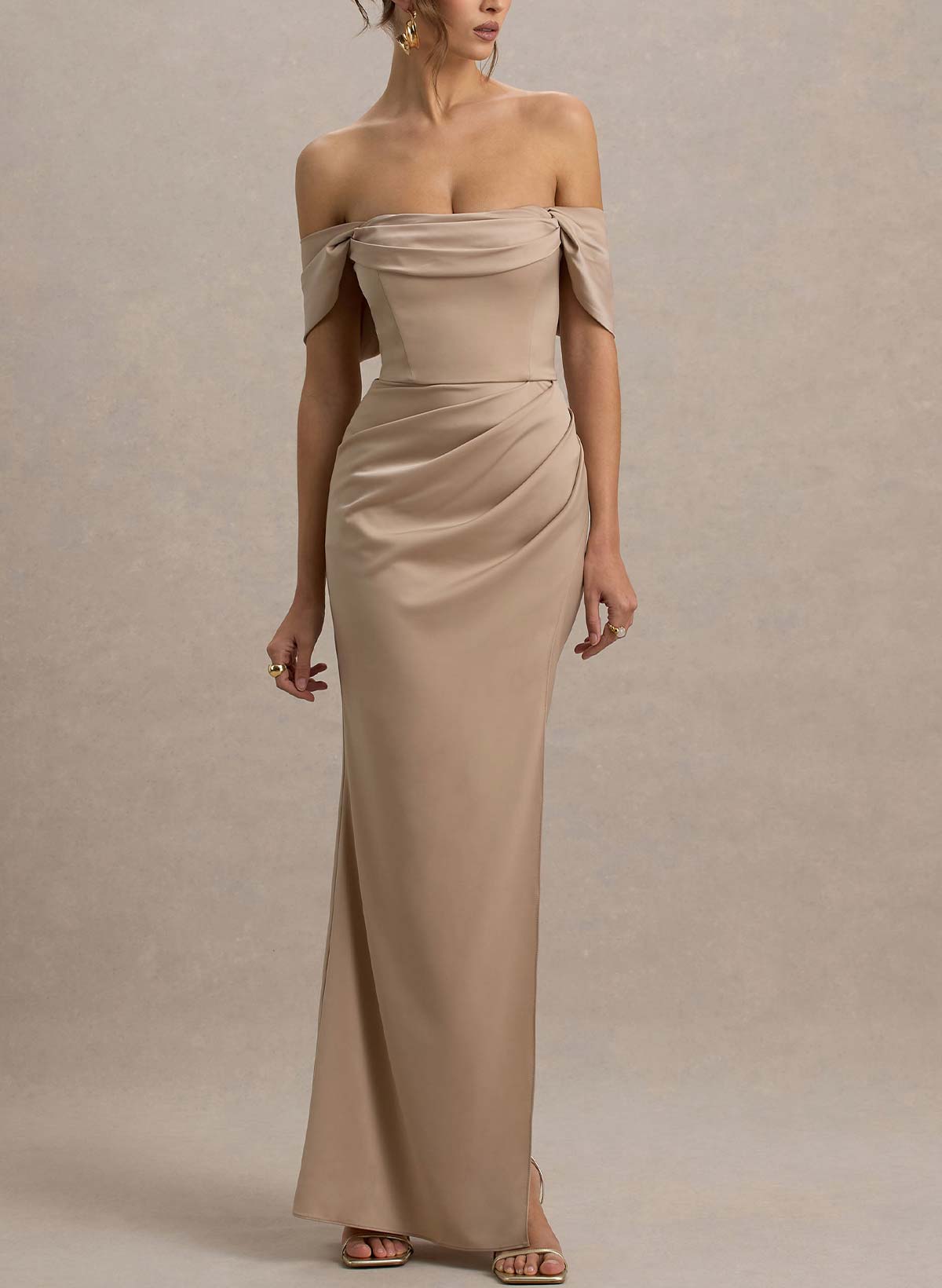 Sheath/Column Off-The-Shoulder Floor-Length Crepe Satin Bridesmaid Dresses With High Split