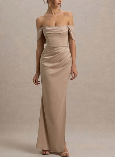 Sheath/Column Off-The-Shoulder Floor-Length Crepe Satin Bridesmaid Dresses With High Split