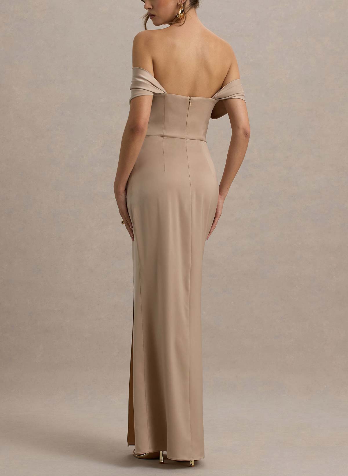 Sheath/Column Off-The-Shoulder Floor-Length Crepe Satin Bridesmaid Dresses With High Split