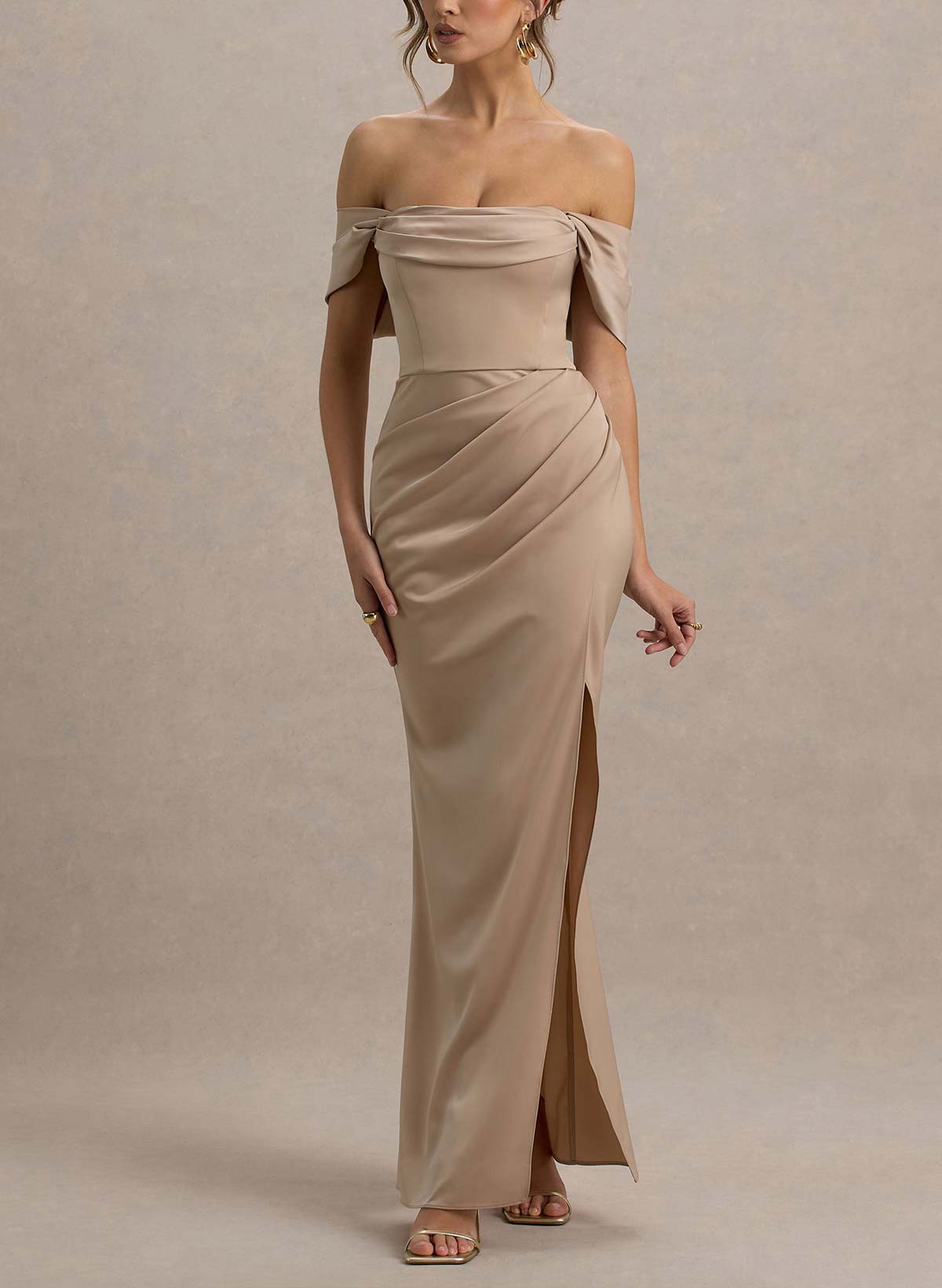 Sheath/Column Off-The-Shoulder Floor-Length Crepe Satin Bridesmaid Dresses With High Split