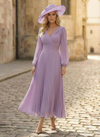 A-Line V-Neck Long Sleeves Ankle-Length Chiffon Cocktail Dresses With Pleated Bubble Hem