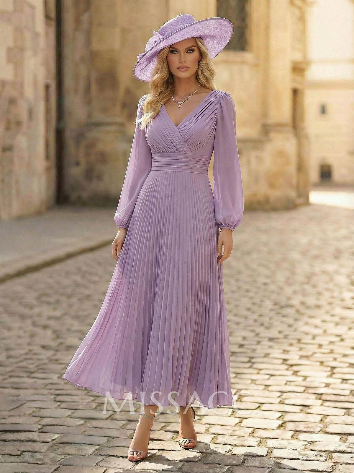 A-Line V-Neck Long Sleeves Ankle-Length Chiffon Cocktail Dresses With Pleated Bubble Hem