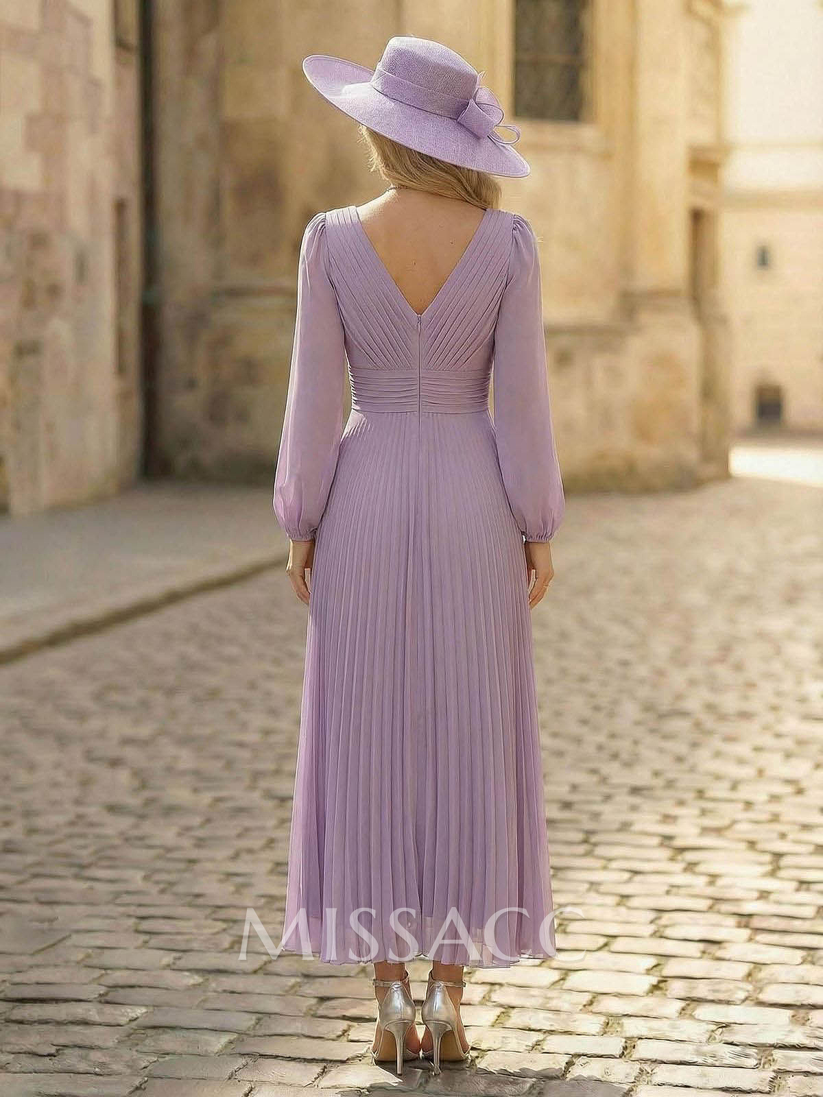 A-Line V-Neck Long Sleeves Ankle-Length Chiffon Cocktail Dresses With Pleated Bubble Hem