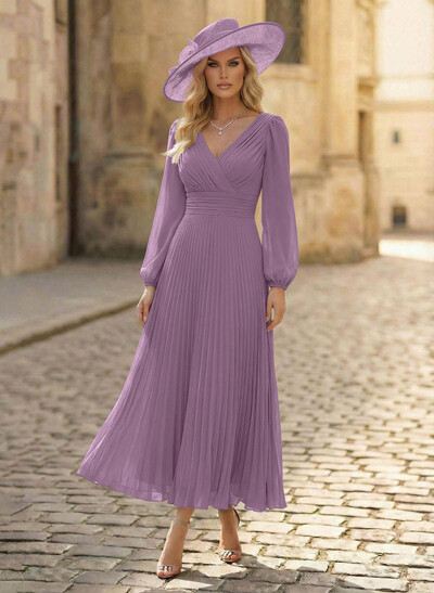 A-Line V-Neck Long Sleeves Ankle-Length Chiffon Cocktail Dresses With Pleated Bubble Hem