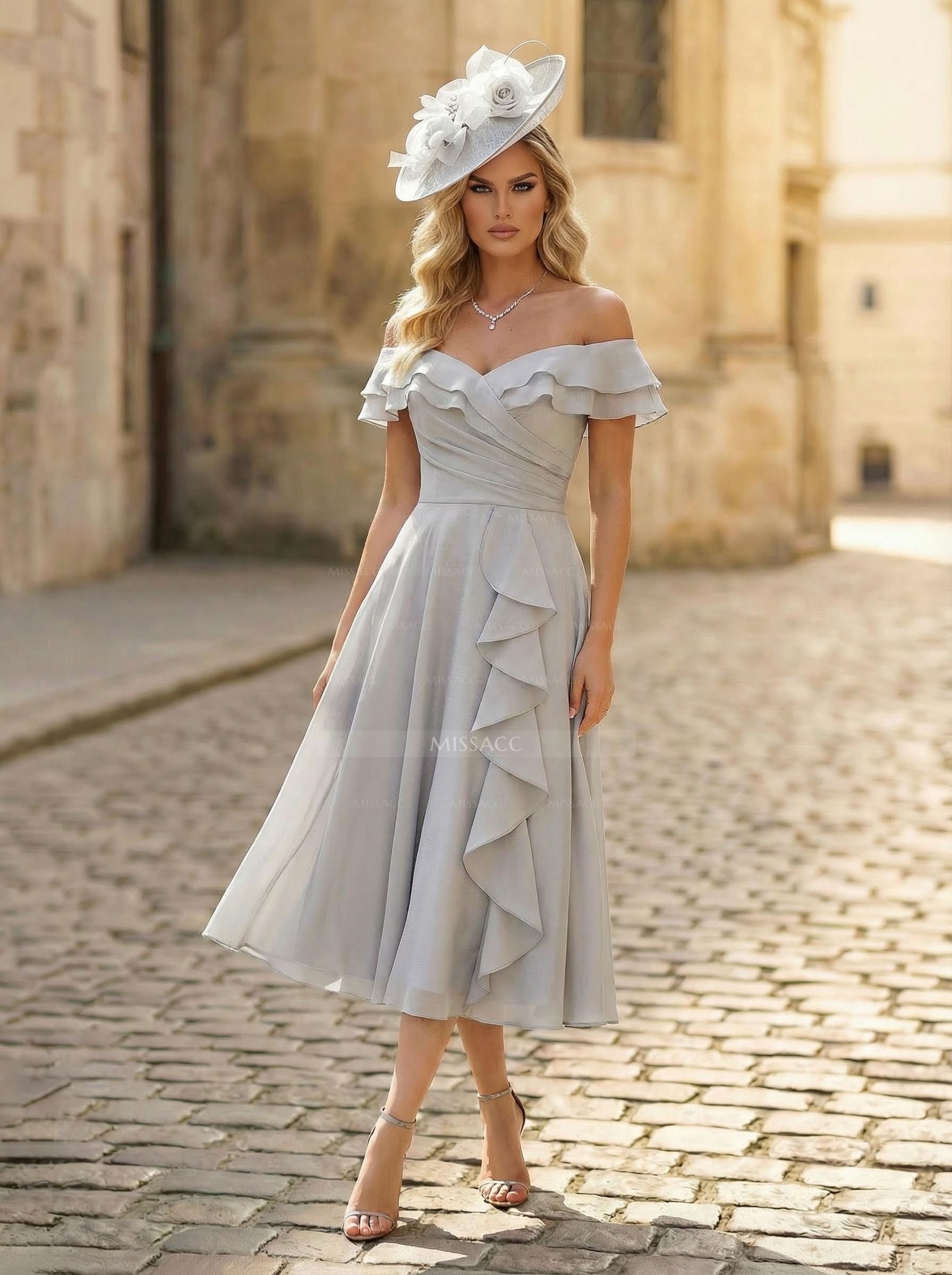 A-Line Off-The-Shoulder Sleeveless Ankle-Length Chiffon Cocktail Dresses With Cascading Ruffles Sweeping Side Drape