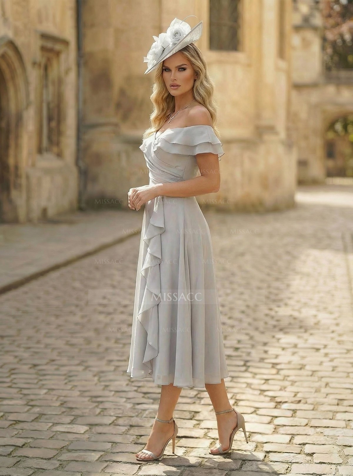 A-Line Off-The-Shoulder Sleeveless Ankle-Length Chiffon Cocktail Dresses With Cascading Ruffles Sweeping Side Drape