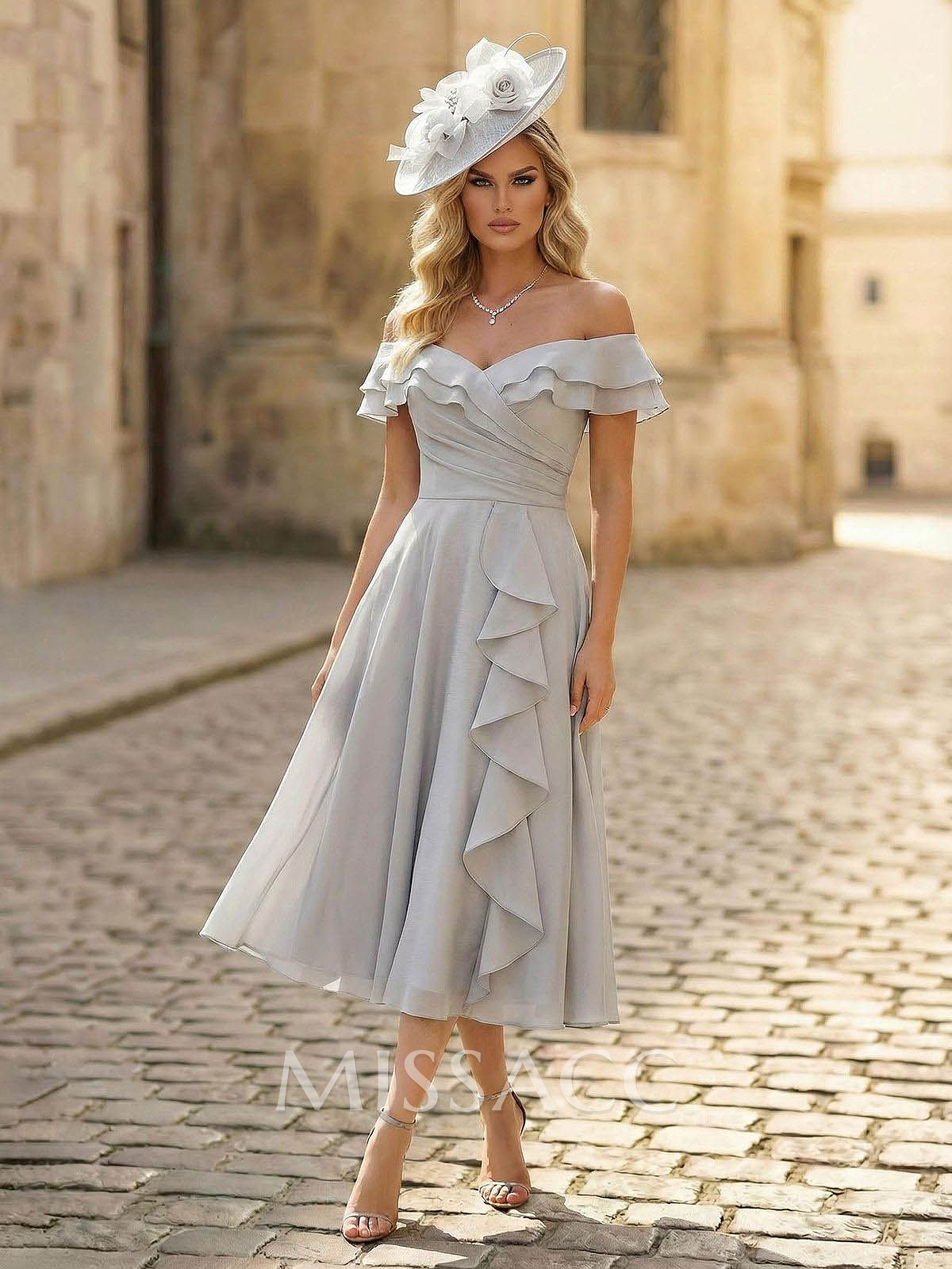 A-Line Off-The-Shoulder Sleeveless Ankle-Length Chiffon Cocktail Dresses With Cascading Ruffles Sweeping Side Drape A-Line Off-The-Shoulder Sleeveless Ankle-Length Chiffon Cocktail Dresses With Cascading Ruffles Sweeping Side Drape