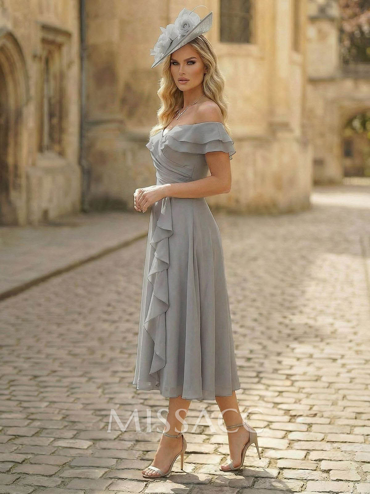 A-Line Off-The-Shoulder Sleeveless Ankle-Length Chiffon Cocktail Dresses With Cascading Ruffles Sweeping Side Drape A-Line Off-The-Shoulder Sleeveless Ankle-Length Chiffon Cocktail Dresses With Cascading Ruffles Sweeping Side Drape