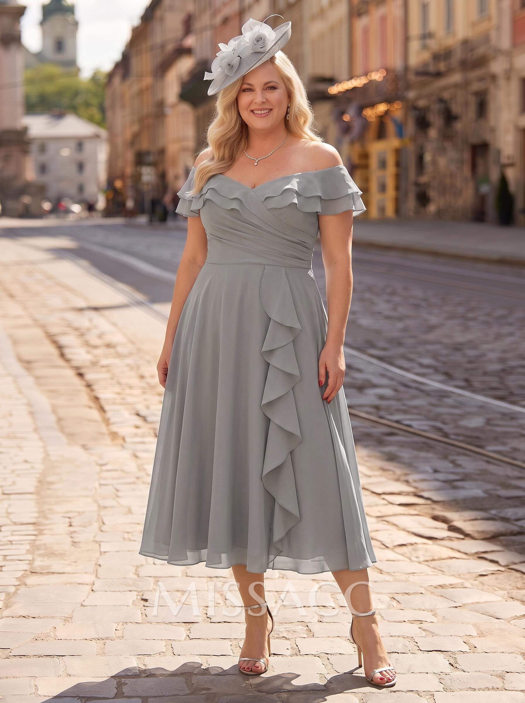 A-Line Off-The-Shoulder Sleeveless Ankle-Length Chiffon Cocktail Dresses With Cascading Ruffles Sweeping Side Drape A-Line Off-The-Shoulder Sleeveless Ankle-Length Chiffon Cocktail Dresses With Cascading Ruffles Sweeping Side Drape