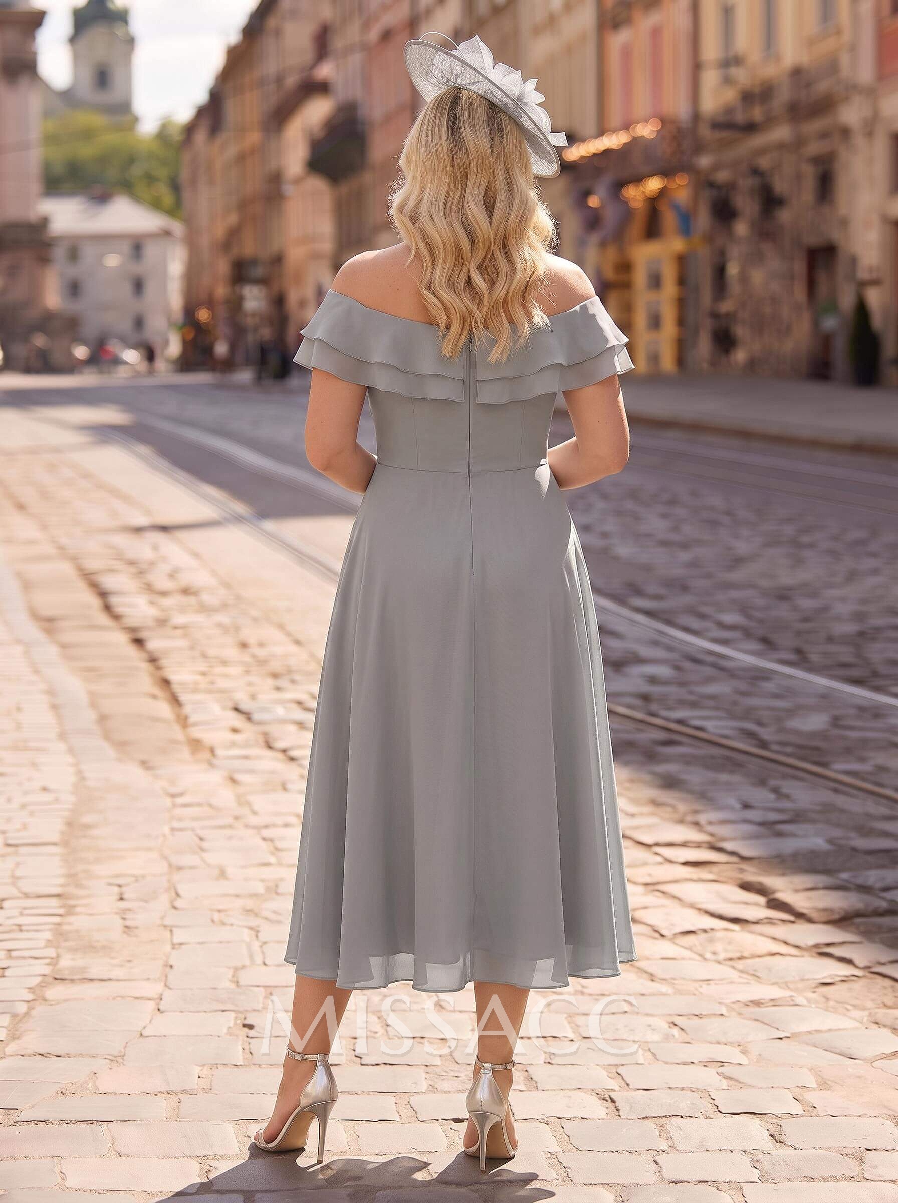 A-Line Off-The-Shoulder Sleeveless Ankle-Length Chiffon Cocktail Dresses With Cascading Ruffles Sweeping Side Drape A-Line Off-The-Shoulder Sleeveless Ankle-Length Chiffon Cocktail Dresses With Cascading Ruffles Sweeping Side Drape