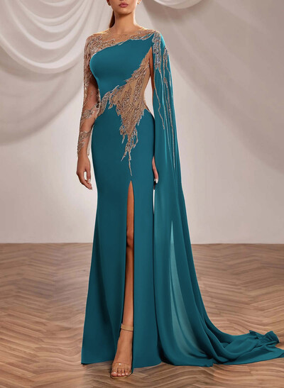 Trumpet/Mermaid Illusion Neck Long Sleeves Floor-Length Chiffon Evening Dresses With Appliques Lace/Sweeping Side Drape