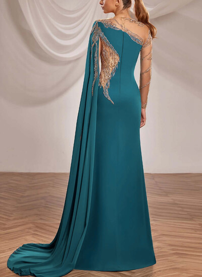 Trumpet/Mermaid Illusion Neck Long Sleeves Floor-Length Chiffon Evening Dresses With Appliques Lace/Sweeping Side Drape