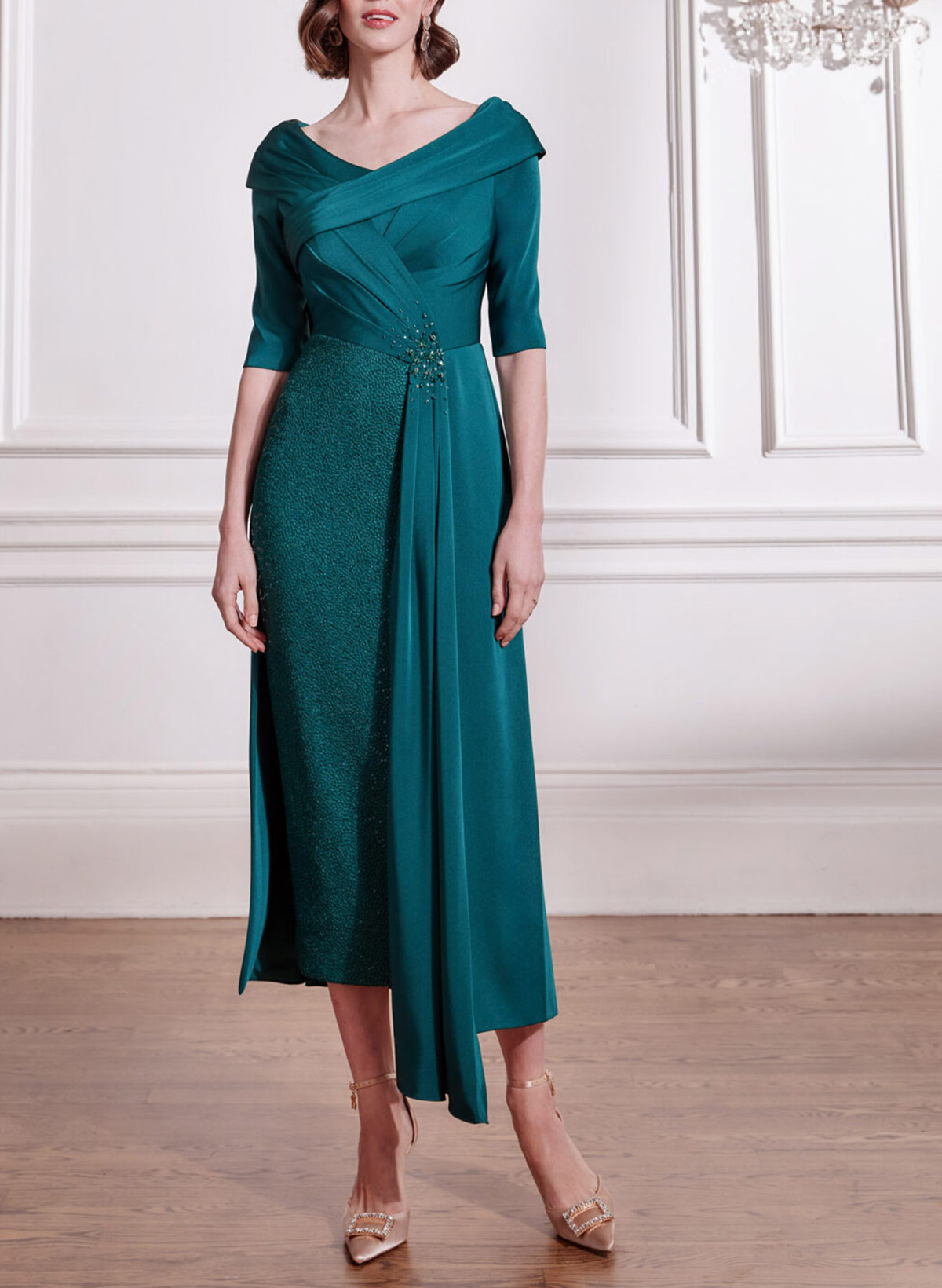 A-Line V-Neck 1/2 Sleeves Ankle-Length Crepe Satin Evening Dresses With Rhinestone