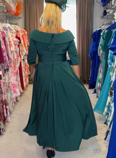 A-Line V-Neck 1/2 Sleeves Ankle-Length Crepe Satin Evening Dresses With Rhinestone