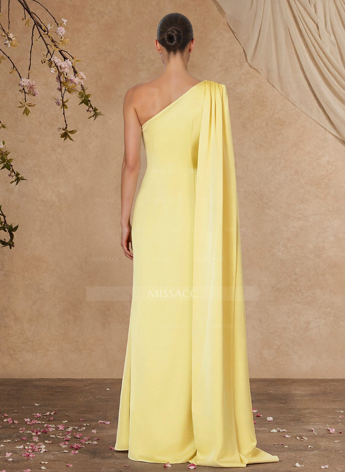 Sheath Column One-Shoulder Sleeveless Floor-Length Crepe Satin Evening Dresses With Sweeping Side Drape